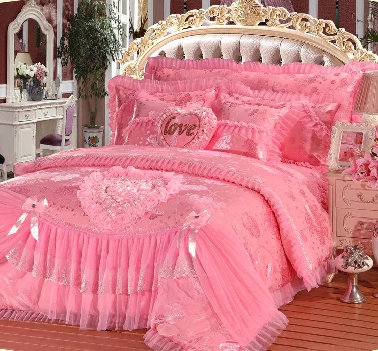 Red Jacquard Satin Cotton Bedding Set, Luxury Chinese Wedding Princess Heart-Shaped Lace Duvet Cover, Bed Sheet, Pillowcases