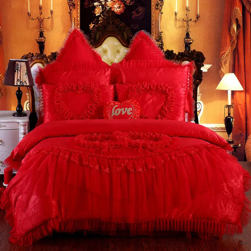 Red Jacquard Satin Cotton Bedding Set, Luxury Chinese Wedding Princess Heart-Shaped Lace Duvet Cover, Bed Sheet, Pillowcases
