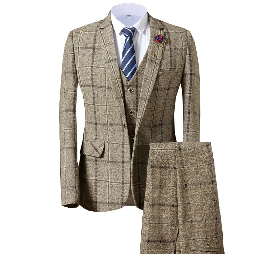 Grey/Brown Men's Suits 3 piece Plaid England Style Notched Lapel Business for Wedding Suits Men (Blazer+Vest+Pant)
