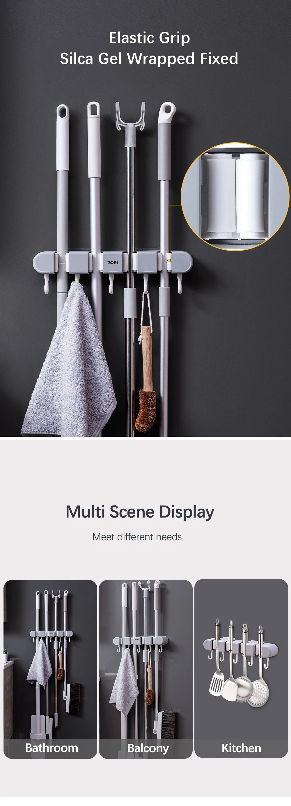 Wall mounted broom holder by Showlu Smart General, featuring multiple slots for organizing brooms and cleaning tools on the wall.
