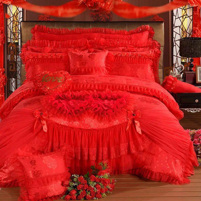 Red Jacquard Satin Cotton Bedding Set, Luxury Chinese Wedding Princess Heart-Shaped Lace Duvet Cover, Bed Sheet, Pillowcases