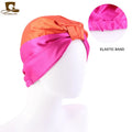 Silky satin sleeping bonnet cap for women with double layer and knot design, ideal for nursing or chemo head coverage.