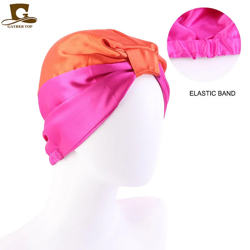 Silky satin sleeping bonnet cap for women with double layer and knot design, ideal for nursing or chemo head coverage.