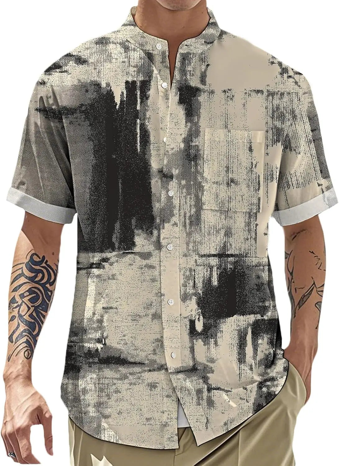 Casual men's short sleeve button-down shirt with abstract geometric print, mandarin collar, chest pocket, loose fit, made of 100% polyester.