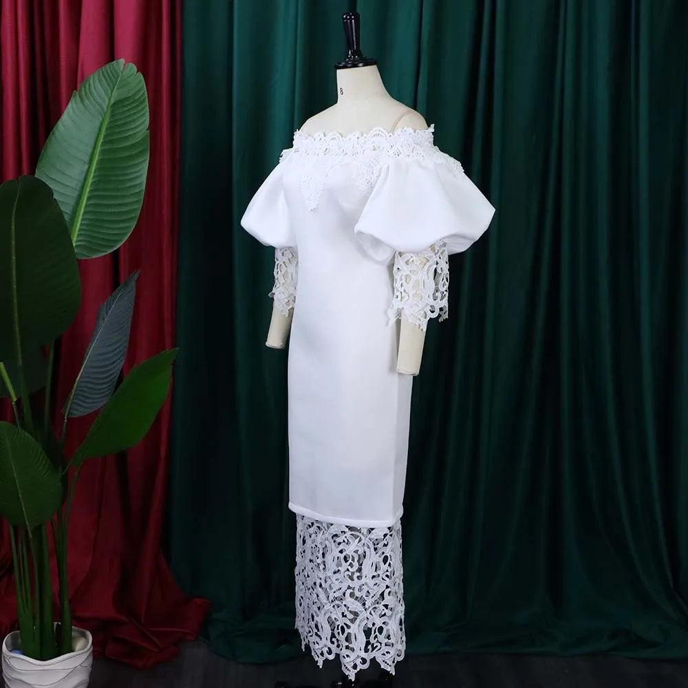 Women’s white lace bodycon mesh patchwork midi dress with half sleeves, elegant and suitable for office or party wear.