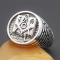 Sterling silver Masonic ring featuring religious symbols, designed for men and women, with intricate detailing on the Holy Bible motif.