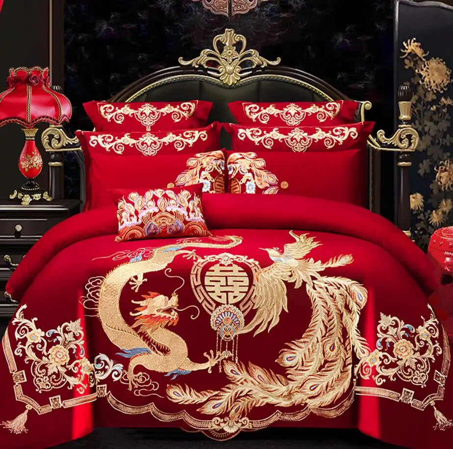 Red Chinese Style Wedding Embroidery Duvet Cover Bed Sheet Set Cotton Solid Princess Bedding Set Luxury Romantic Girls Bed Cover