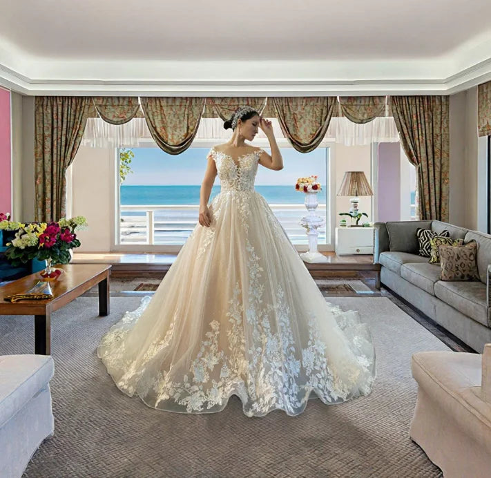 Elegant Spring Princess lace A-line wedding dress with long sleeves, featuring intricate lace details for a romantic bridal look.