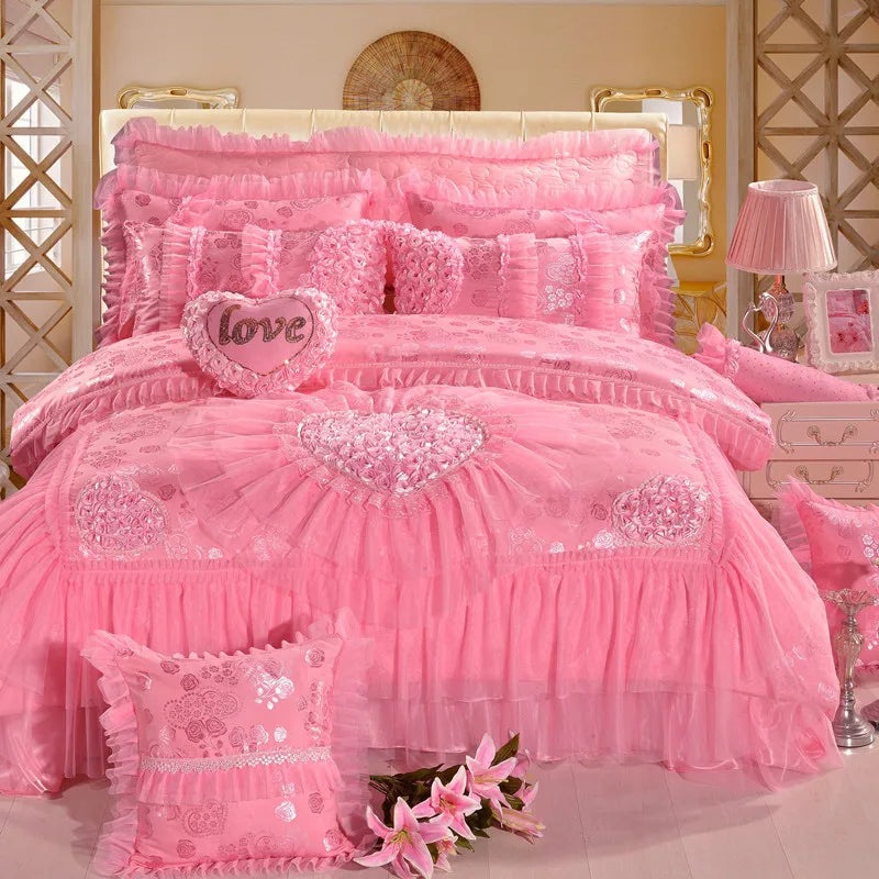Red Jacquard Satin Cotton Bedding Set, Luxury Chinese Wedding Princess Heart-Shaped Lace Duvet Cover, Bed Sheet, Pillowcases
