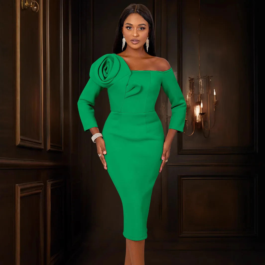 Showlu Fashion women's plus size V-neck 3D lace midi bodycon dress, featuring a fitted silhouette and intricate lace details.