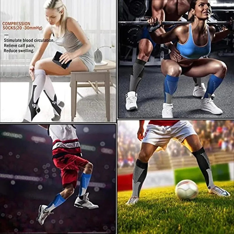 Black Showlu Fashion Store compression socks for men and women, sport-ready, anti-fatigue, pain relief, 20-30 mmHg, ideal for football.
