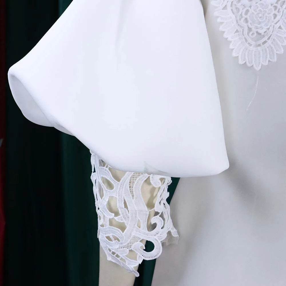 Women’s white lace bodycon mesh patchwork midi dress with half sleeves, elegant and suitable for office or party occasions.