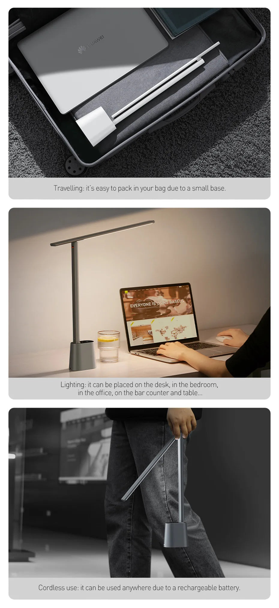 Rechargeable Baseus Smart Desk Lamp with adjustable brightness and modern design, shown in black with flexible arm.