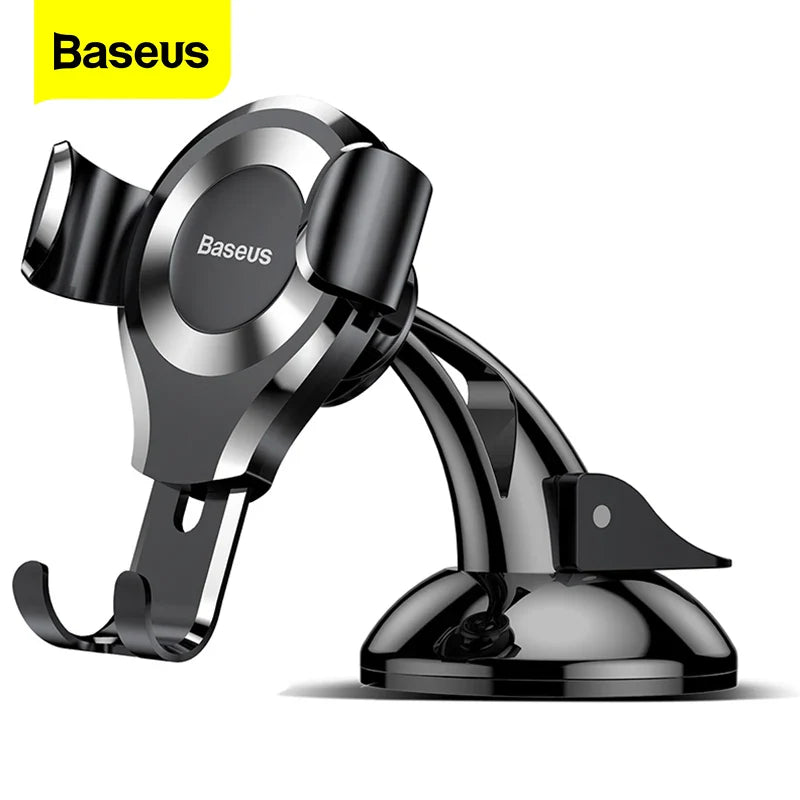 Baseus Gravity Car Phone Holder with suction cup dashboard mount in black, showing secure phone grip and easy installation.