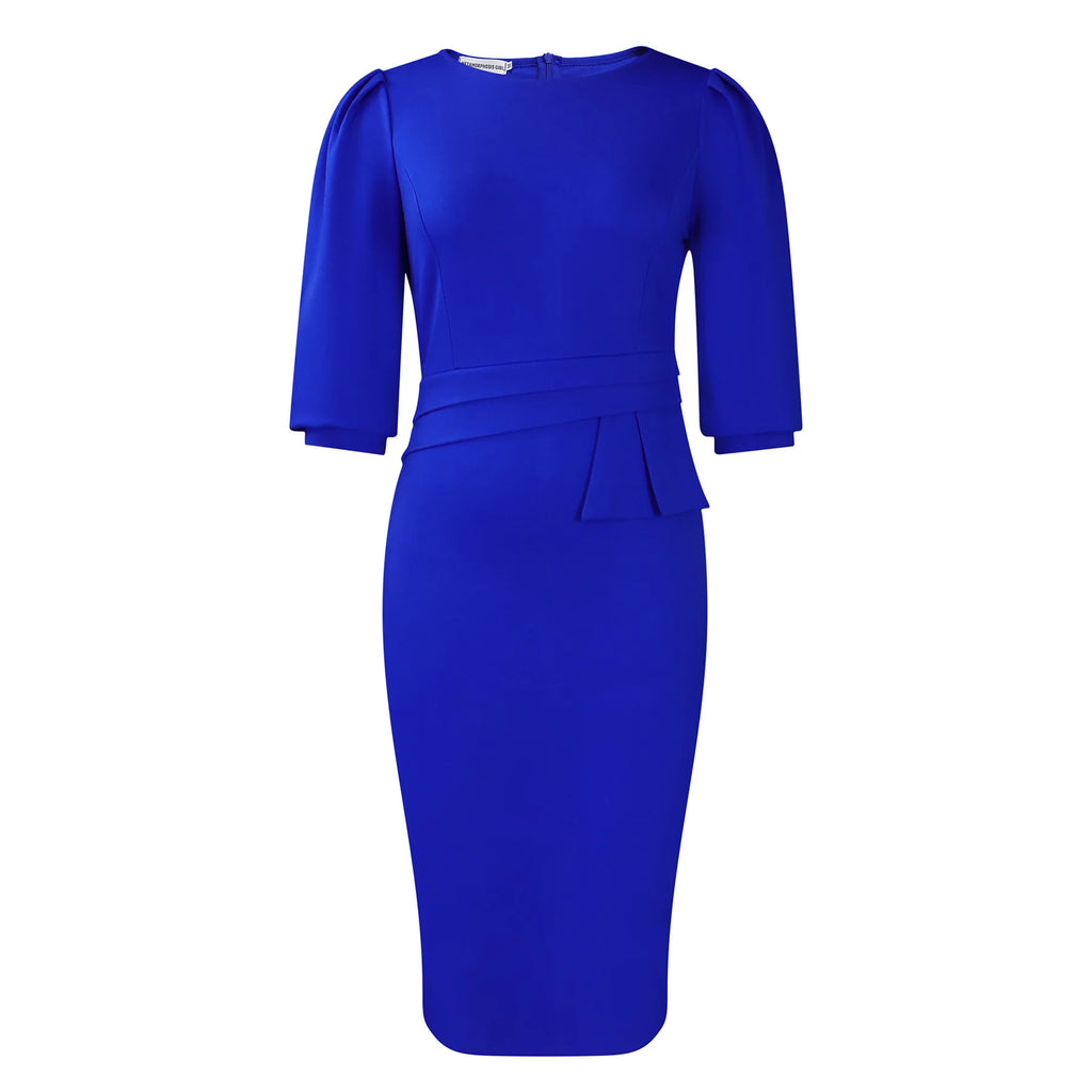 Ohsisa round neck pleated knee-length dress with half sleeves, stylish office wear from Showlu Fashion Store
