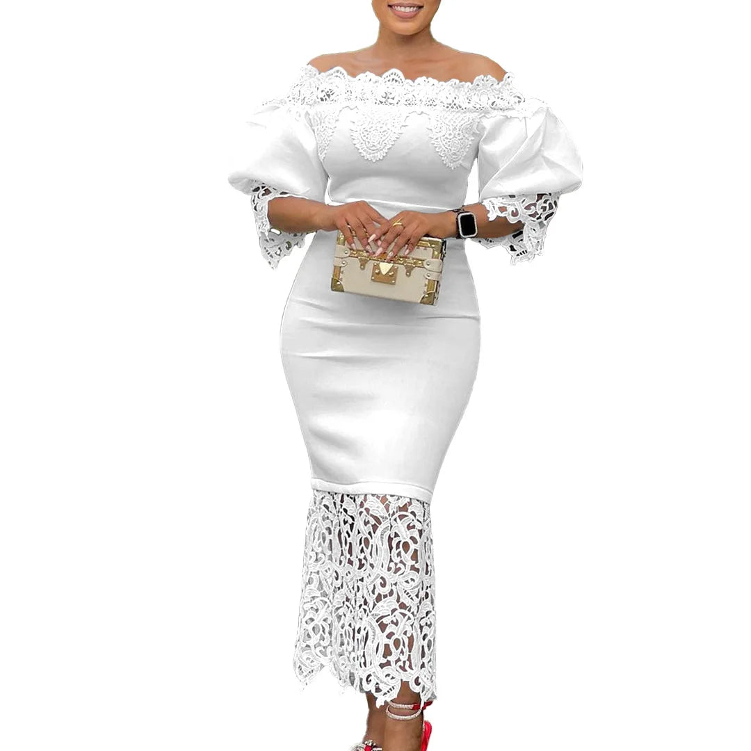 Women’s white lace bodycon dress with mesh patchwork, half sleeves, elegant midi style, perfect for office or party wear.