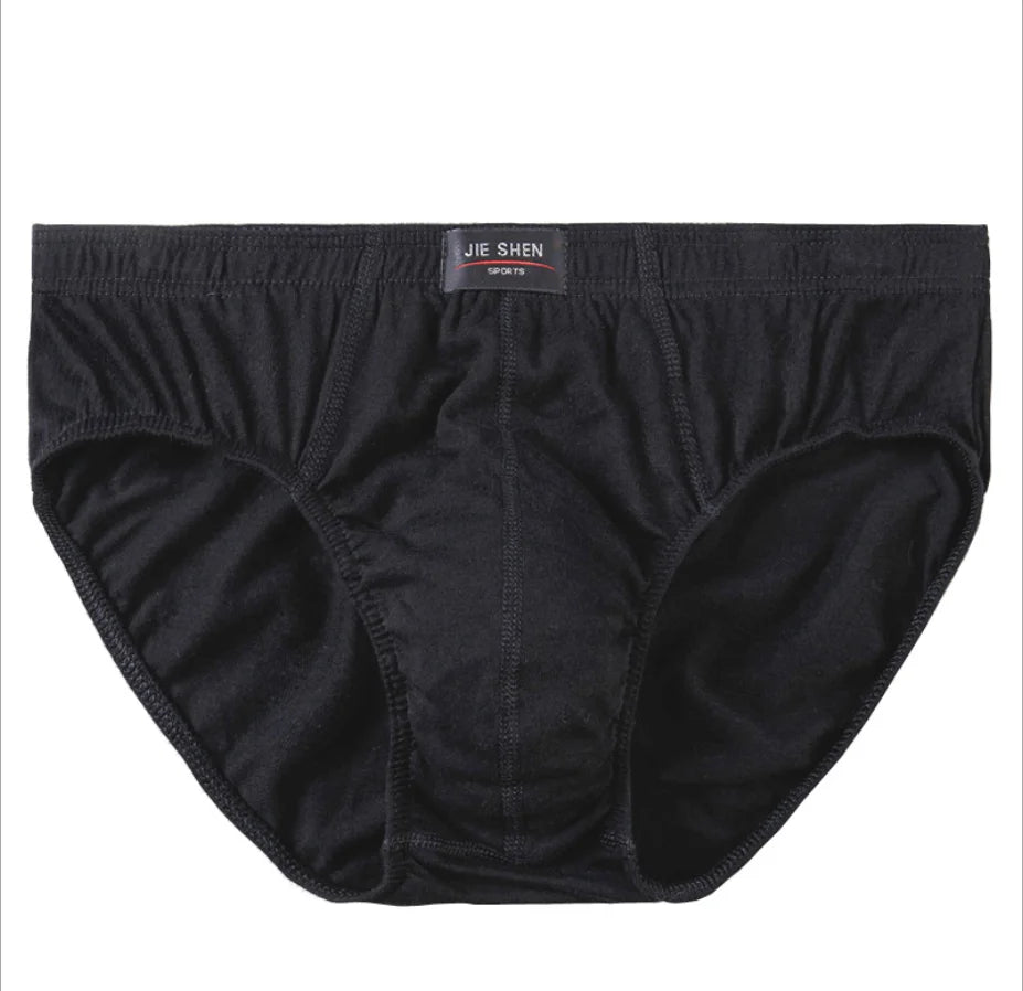 Showlu men's 100% cotton briefs in a solid knit design, comfortable underwear 5-pack, visible waistband and fabric texture.