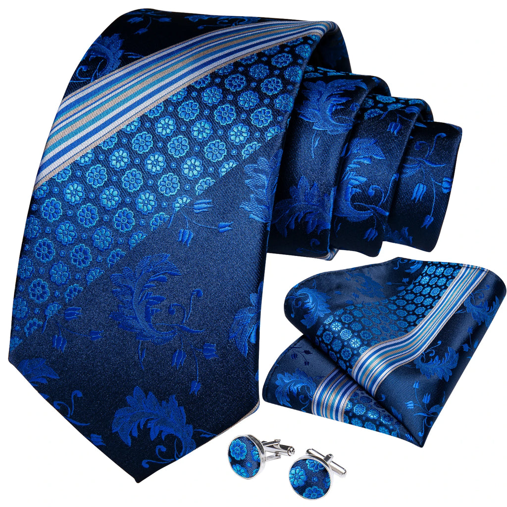 New Classic 100% Silk Men's Ties 8cm Blue Plaid Dot Striped Business Necktie Handkerchief Wedding Party Tie Set Gravatas DiBanGu