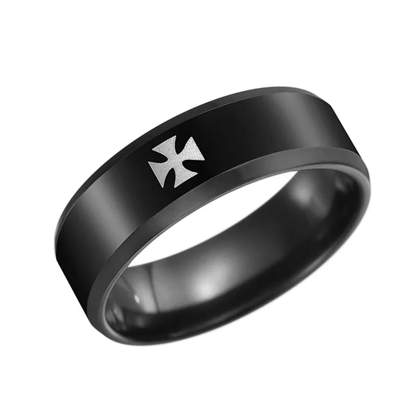 Unisex Mango Sky Titanium Steel Christian Cross Bible Ring with 8mm band, featuring a sleek, polished design and religious symbolism.