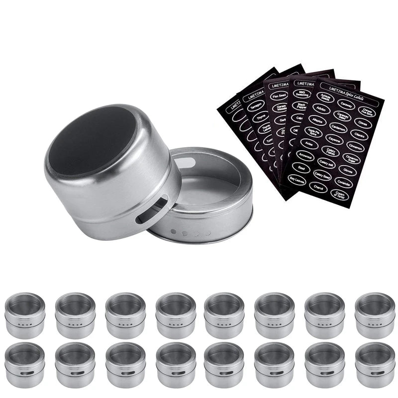 Magnetic stainless steel spice jar set from Showlu Smart General on a kitchen countertop with labeled jars for storage.