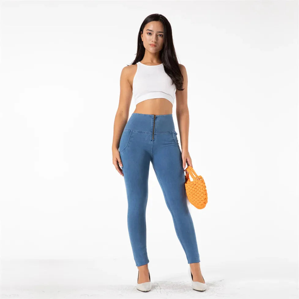 Light blue Melody high waist push-up skinny denim jeans by Shascullfites, showing fitted design and classic five-pocket style.