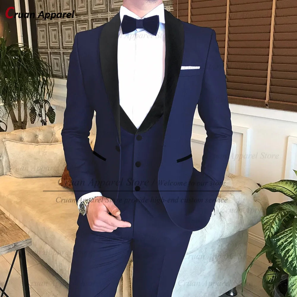 Tailor-made Men Suit Jacket Vest Pants Set Elegant Groom Groomsmen Shawl Lapel Tuxedos Royal Blue Wedding Suits Men 3 Pieces