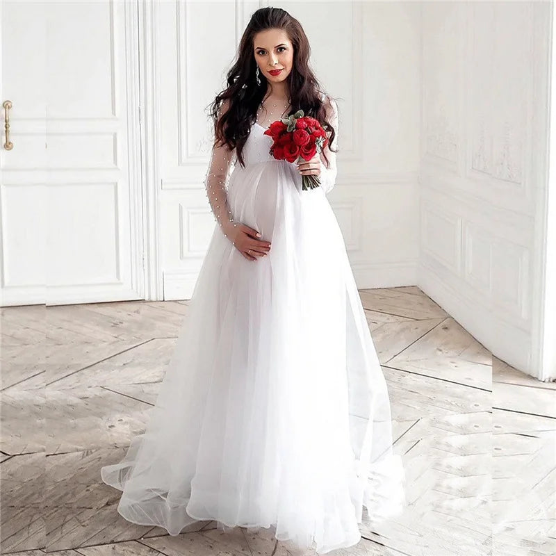 Lace maternity gown for pregnant women, long sleeve maxi dress perfect for photoshoots and pregnancy photography by Showlu Fashion