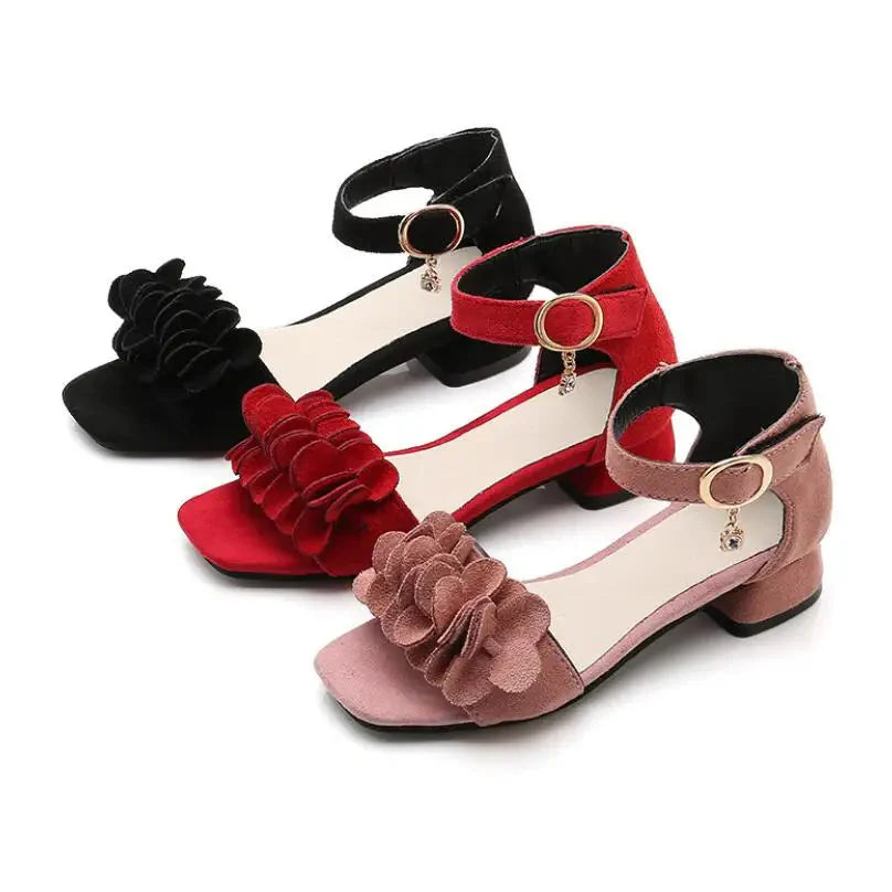 Girls leather princess flower sandals by SHOWLU FASHION STORE, summer dress shoes with floral embellishments and open-toe design.
