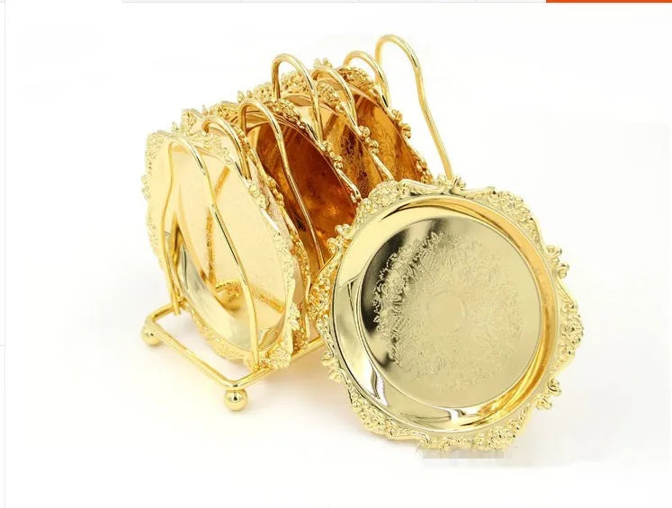 Six vintage golden and silver plated metal cocktail coasters with classical design, zinc alloy material, perfect for elegant table settings.