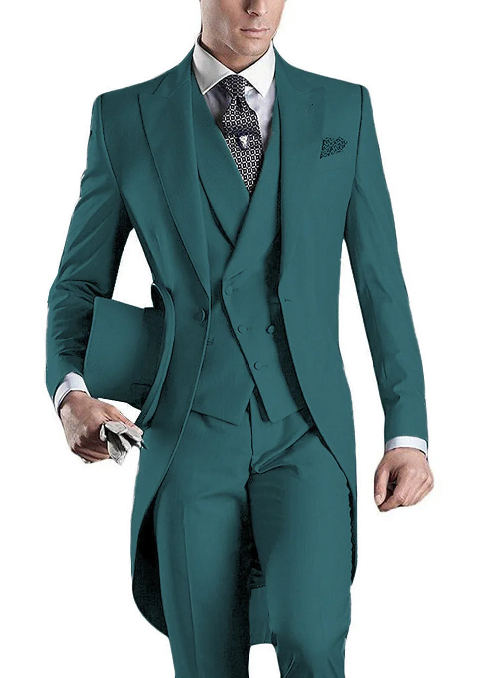 Men's 3-piece slim fit tuxedo with peaked lapel, wedding suit by SOLOVEDRESS, shown in black with dress shirt and bow tie
