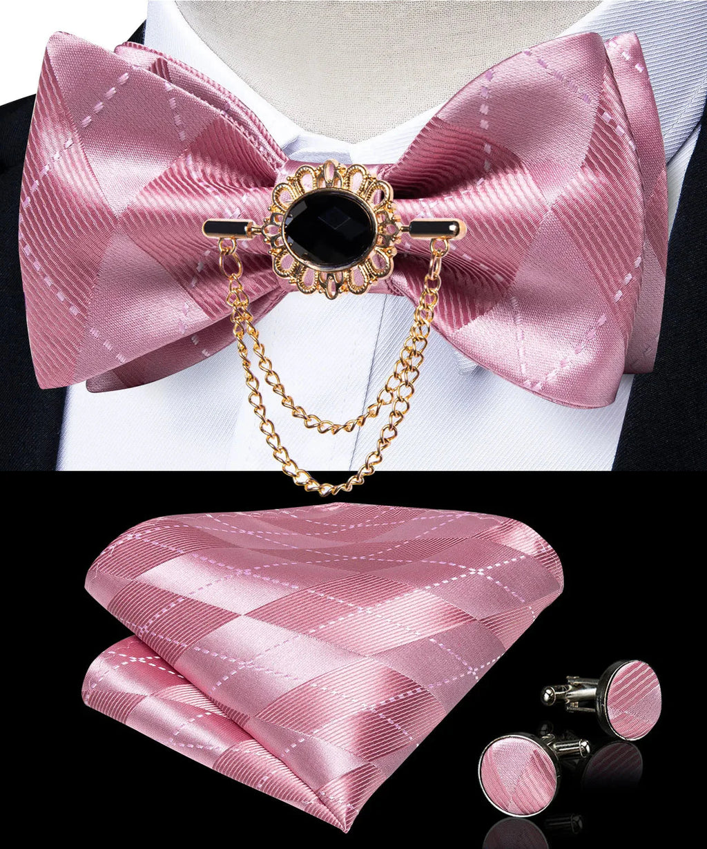 Pink plaid silk self-tie bow tie set with brooch and hanky, featuring elegant floral details, from SHOWLU FASHION STORE.