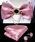 Pink plaid silk self-tie bow tie set with brooch and hanky, featuring elegant floral details, from SHOWLU FASHION STORE.