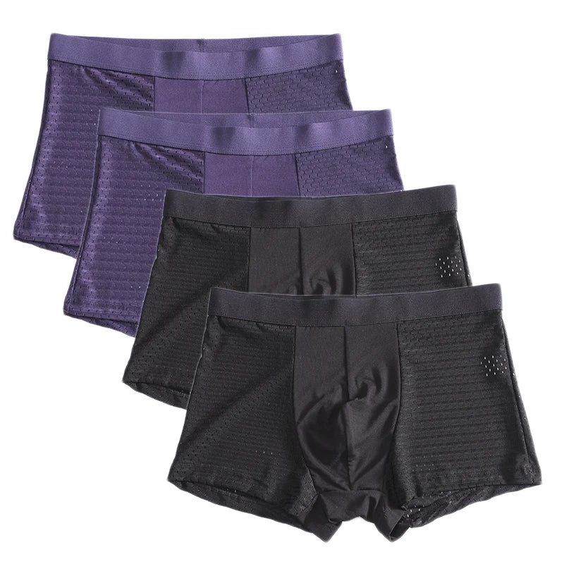 Men's bamboo fiber boxer shorts in a 4-pack, breathable plus size underwear, shown in neutral colors with elastic waistbands.