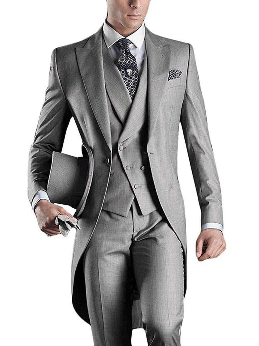 Men's 3-piece slim fit suit with peaked lapel, tuxedo style, by SHOWLU FASHION STORE, shown in a high-definition image.
