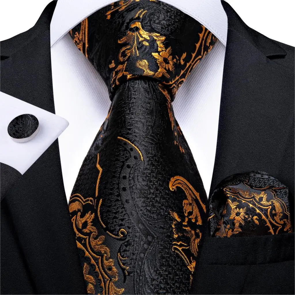 Gift Men Tie Luxury Gold Black Striped Paisley Silk Wedding Tie For Men DiBanGu Designer Hanky Cufflinks Fashion Tie Set