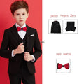 Kids boys black 007 wedding suit by SHOWLU FASHION STORE, including blazer, vest, shirt, pants, and tie in a formal 5-piece set.