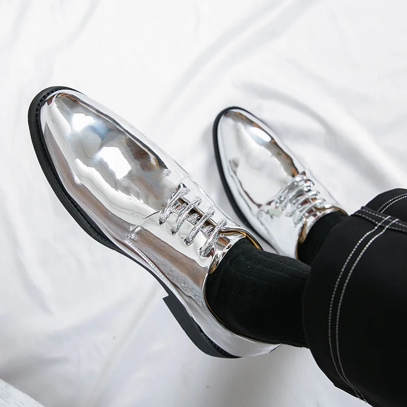 Men's large size mirror finish Derby Oxford shoe with pointed toe, lace-up design, suitable for business and wedding wear.