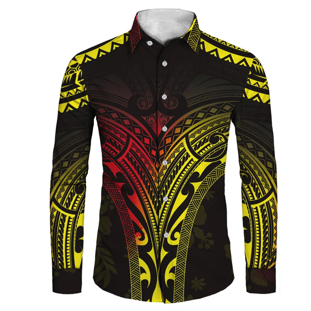 Plus size men's long sleeve shirt with black and white tribal Polynesian print, casual style from Showlu Fashion Store.
