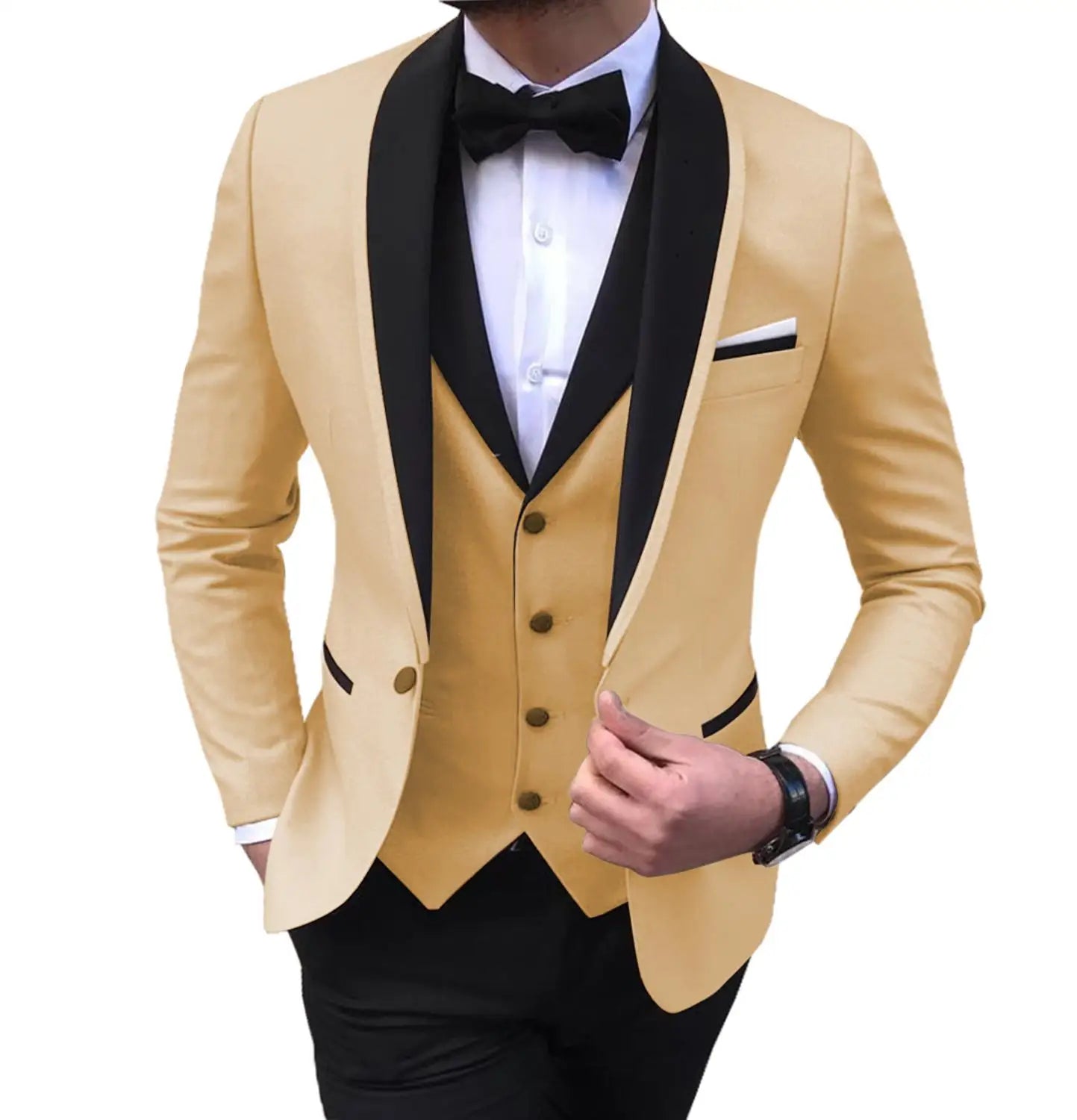 Showlu White 3-piece men's wedding tuxedo with slim fit black shawl lapel, formal suit for special occasions, high-quality fabric.