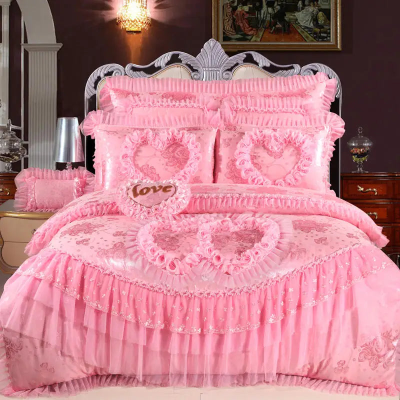 Red Jacquard Satin Cotton Bedding Set, Luxury Chinese Wedding Princess Heart-Shaped Lace Duvet Cover, Bed Sheet, Pillowcases