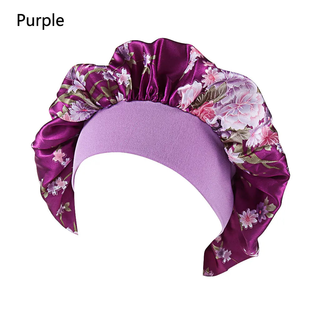 Showlu Fashion satin women's sleep bonnet with elastic wide band, ideal for hair protection and night hair care.