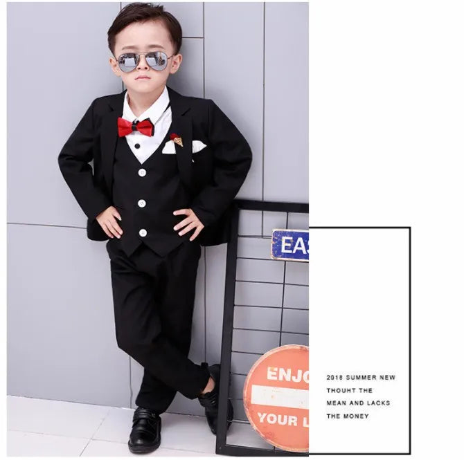 Boy's 4-piece formal plaid wedding suit by LUOBOBEIBEI featuring blazer, pants, shirt, and tie for special occasions.