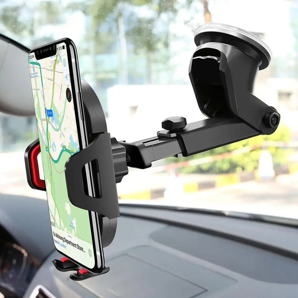 Universal car phone holder with suction cup from AUFU Gravity Sucker model, mounted on windshield for hands-free navigation.
