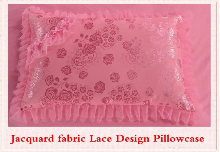 Red Jacquard Satin Cotton Bedding Set, Luxury Chinese Wedding Princess Heart-Shaped Lace Duvet Cover, Bed Sheet, Pillowcases