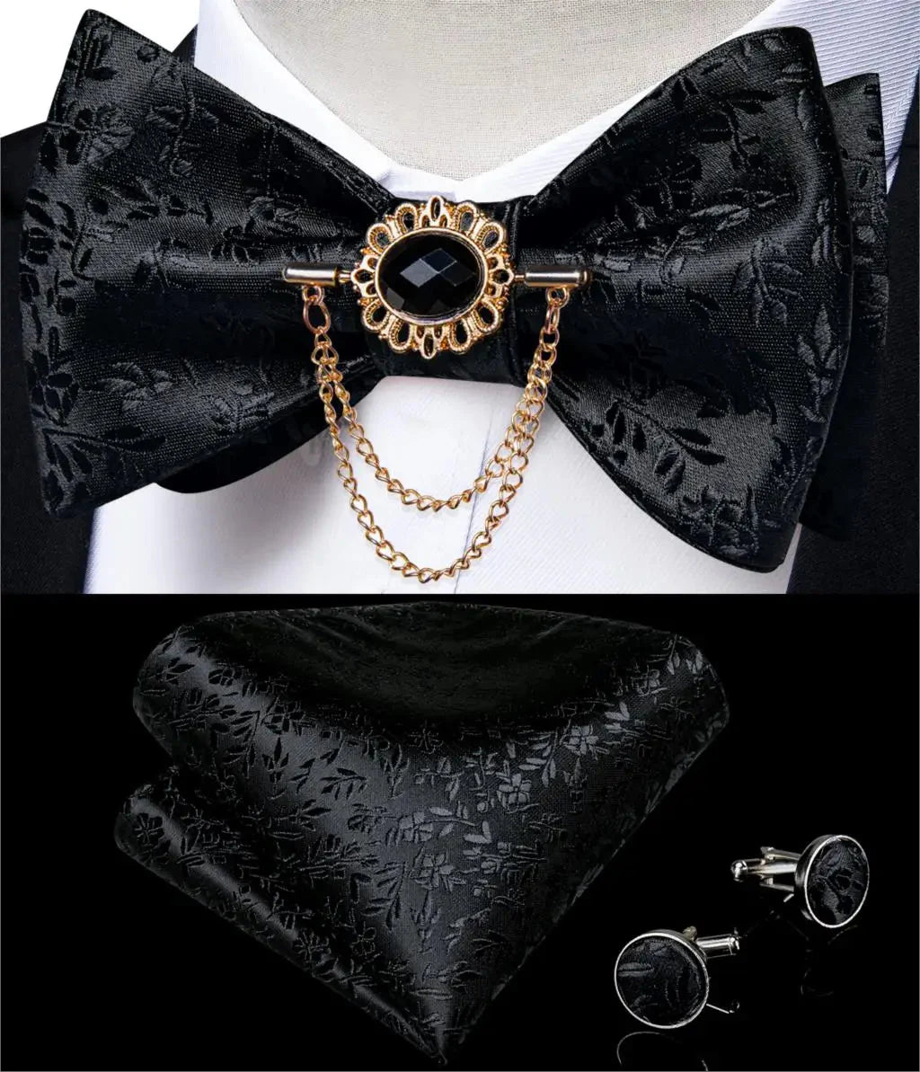 Pink plaid silk self-tie bow tie set with brooch and hanky from SHOWLU FASHION STORE, featuring elegant fabric and detailed accessories.
