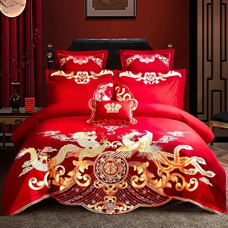 Red Chinese Style Wedding Embroidery Duvet Cover Bed Sheet Set Cotton Solid Princess Bedding Set Luxury Romantic Girls Bed Cover