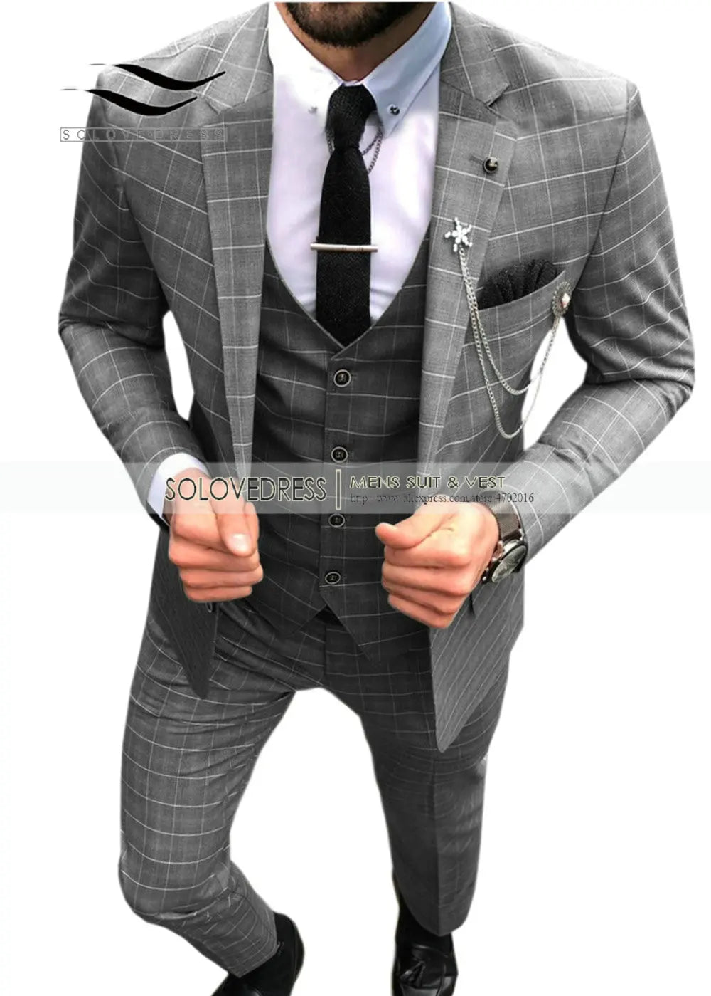 Elegant Men's Suit 3 Pieces Plaid Business Casual Notch Lapel Tuxedos Groomsmen Men Suits for Wedding(Blazer+vest+Pants)