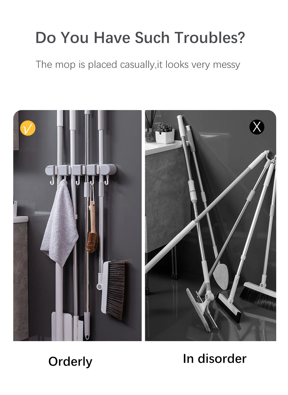 Showlu Smart General wall-mounted broom holder with hooks for organizing and storing brooms and cleaning tools.