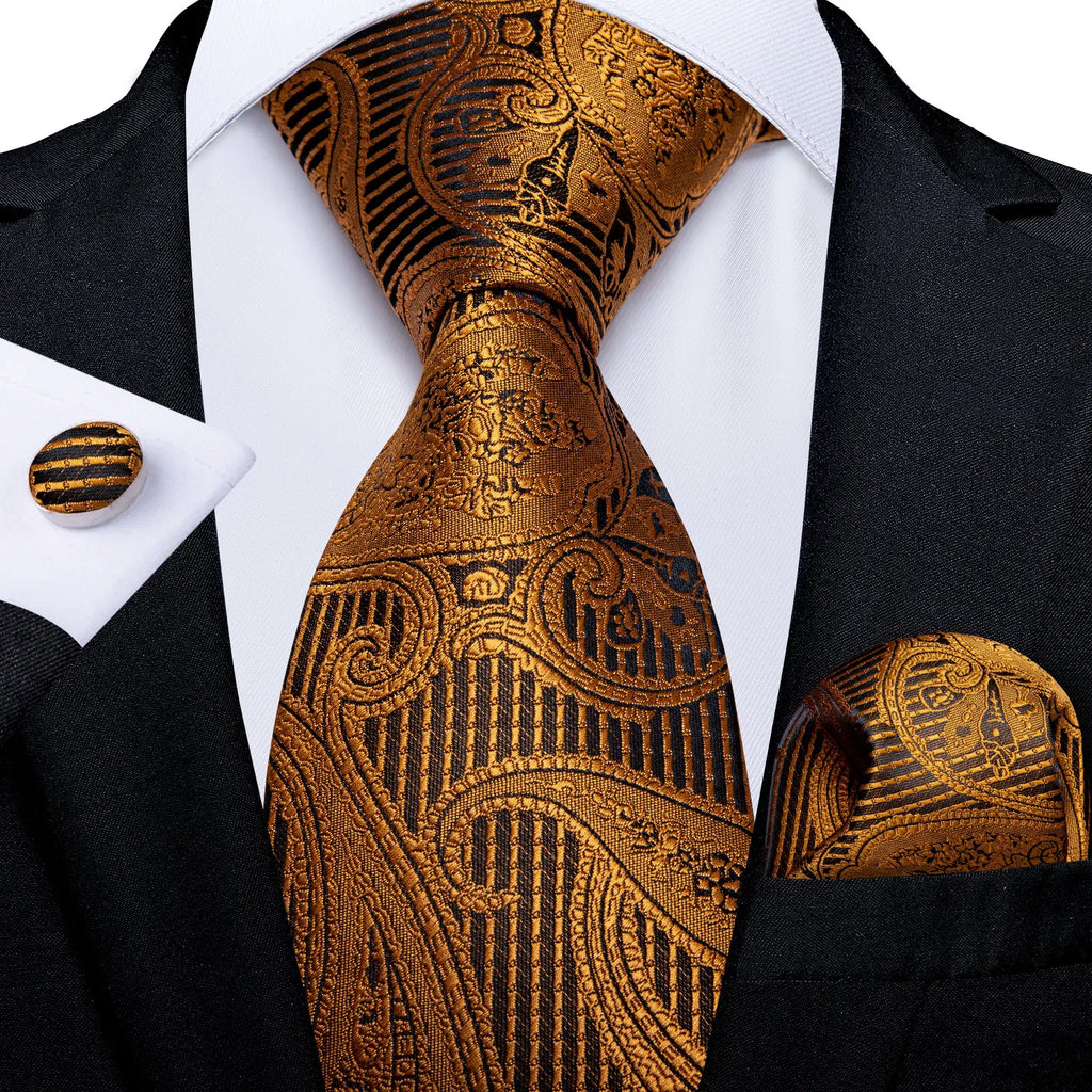 Gift Men Tie Luxury Gold Black Striped Paisley Silk Wedding Tie For Men DiBanGu Designer Hanky Cufflinks Fashion Tie Set