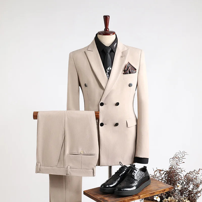 Elegant men's slim fit double-breasted business suit by SHOWLU FASHION STORE, 2-piece set with tailored blazer and matching trousers.
